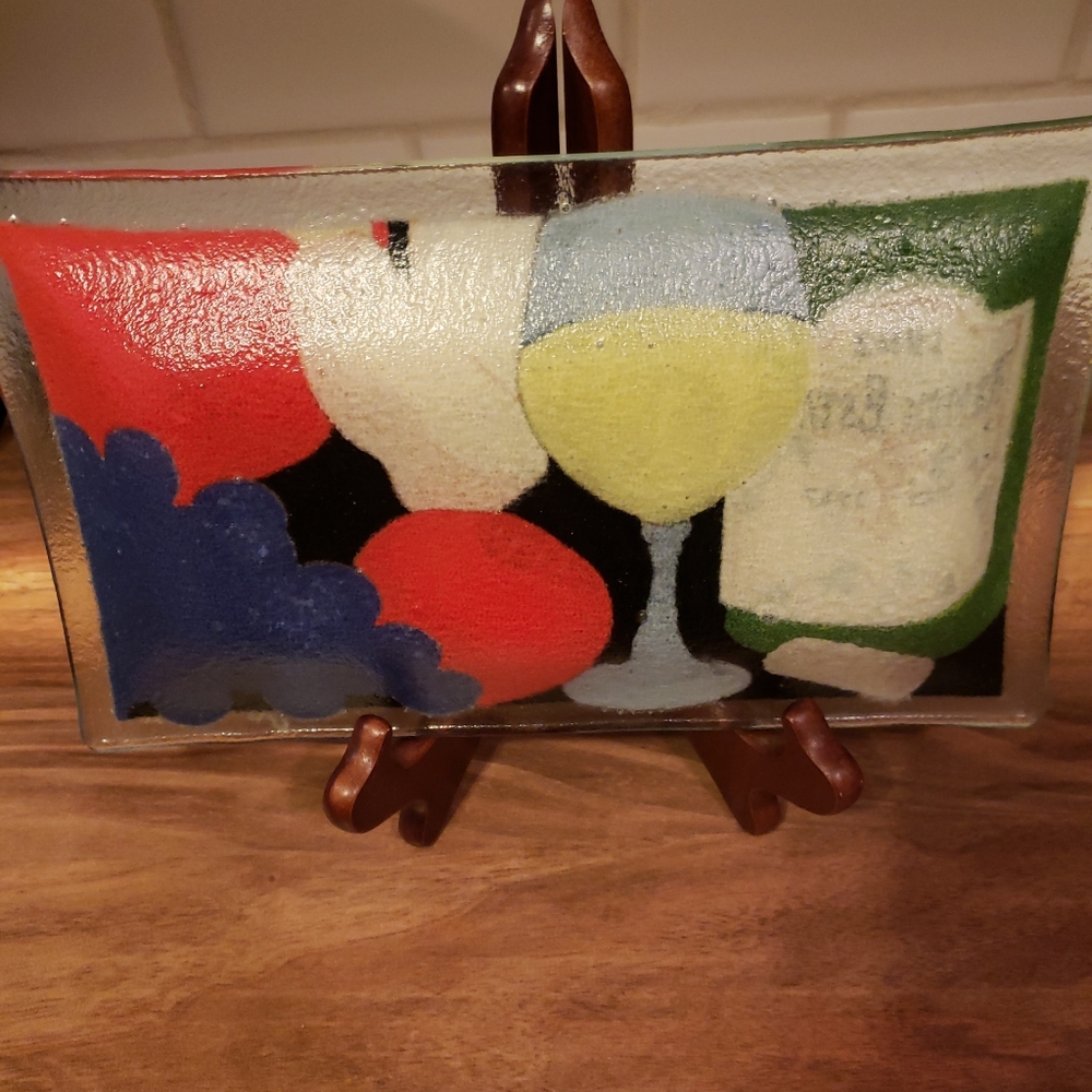 Peggy Karr Wine Cheese Grapes Fused Art Glass Small Plate 9.5x5.5" - Picture 4 of 5